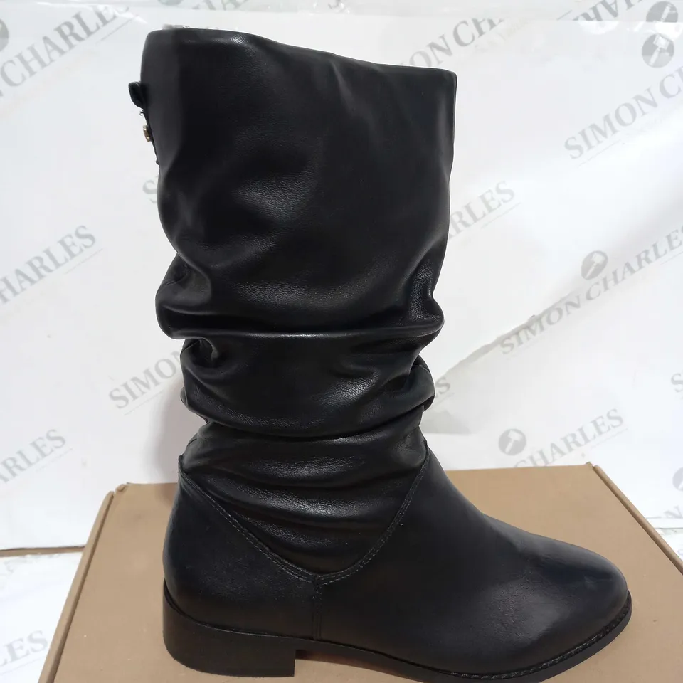 BOXED DUNE LEATHER RUCHED CALF BOOTS, BLACK - SIZE 5 