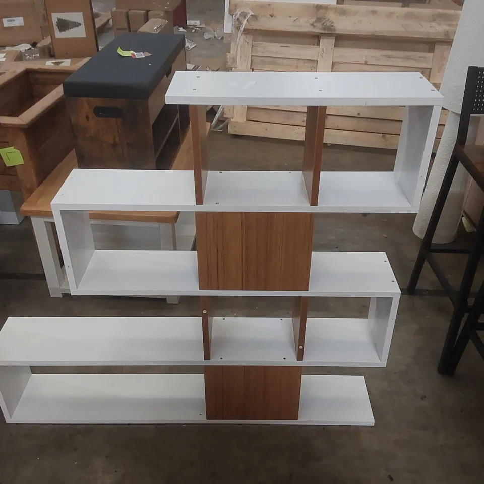 KARLIN GEOMETRIC BOOKCASE BOOKSHELF SHELVING UNIT COLOUR:WHITE/TEAK