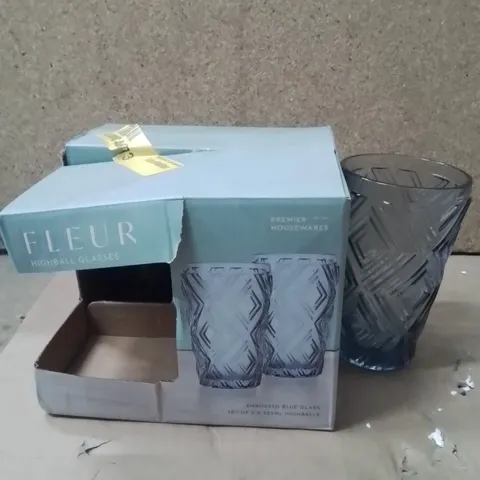 BOXED FLEUR EMBOSSED BLUE GLASS SET OF 4 305ML