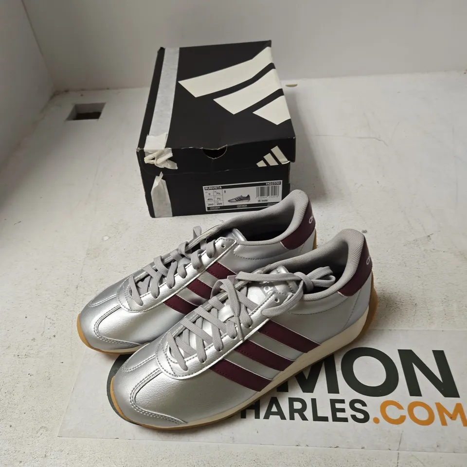 ADIDAS GAZELLE SNEAKERS – SILVER LEATHER WITH MAROON STRIPES, UK 7.5 