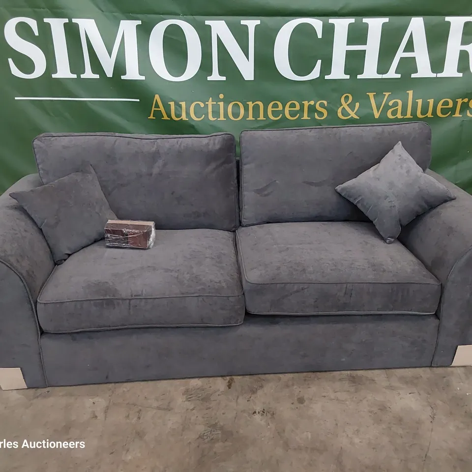 DESIGNER SCROLL ARM THREE SEATER SOFA GREY FABRIC 