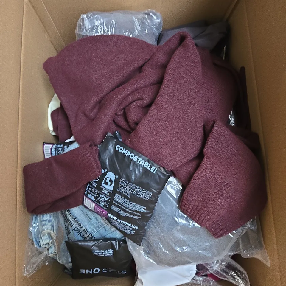 LARGE BOX OF ASSORTED CLOTHING ITEMS IN VARIOUS STYLES, SIZES AND COLOURS