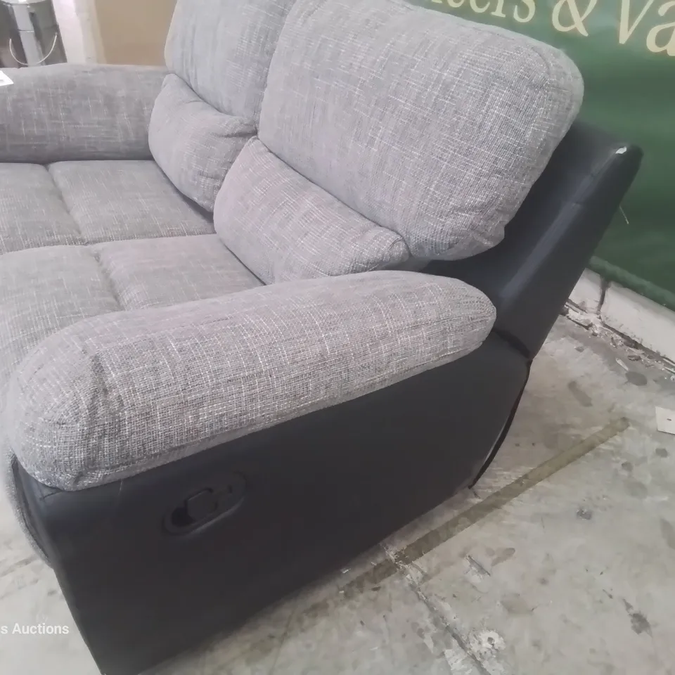 DESIGNER MANUAL RECLINING TWO SEATER SOFA BLACK FAUX LEATHER & GREY FABRIC