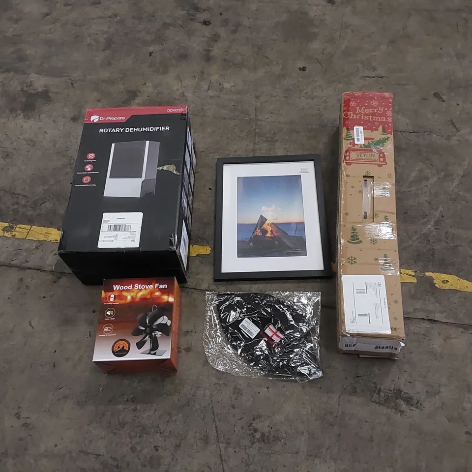 PALLET CONTAINING HOUSEHOLD AND CONSUMER PRODUCTS. INCLUDES DEHUMIDIFIER, CHRISTMAS TREE, WOOD STOVE FAN ETC 