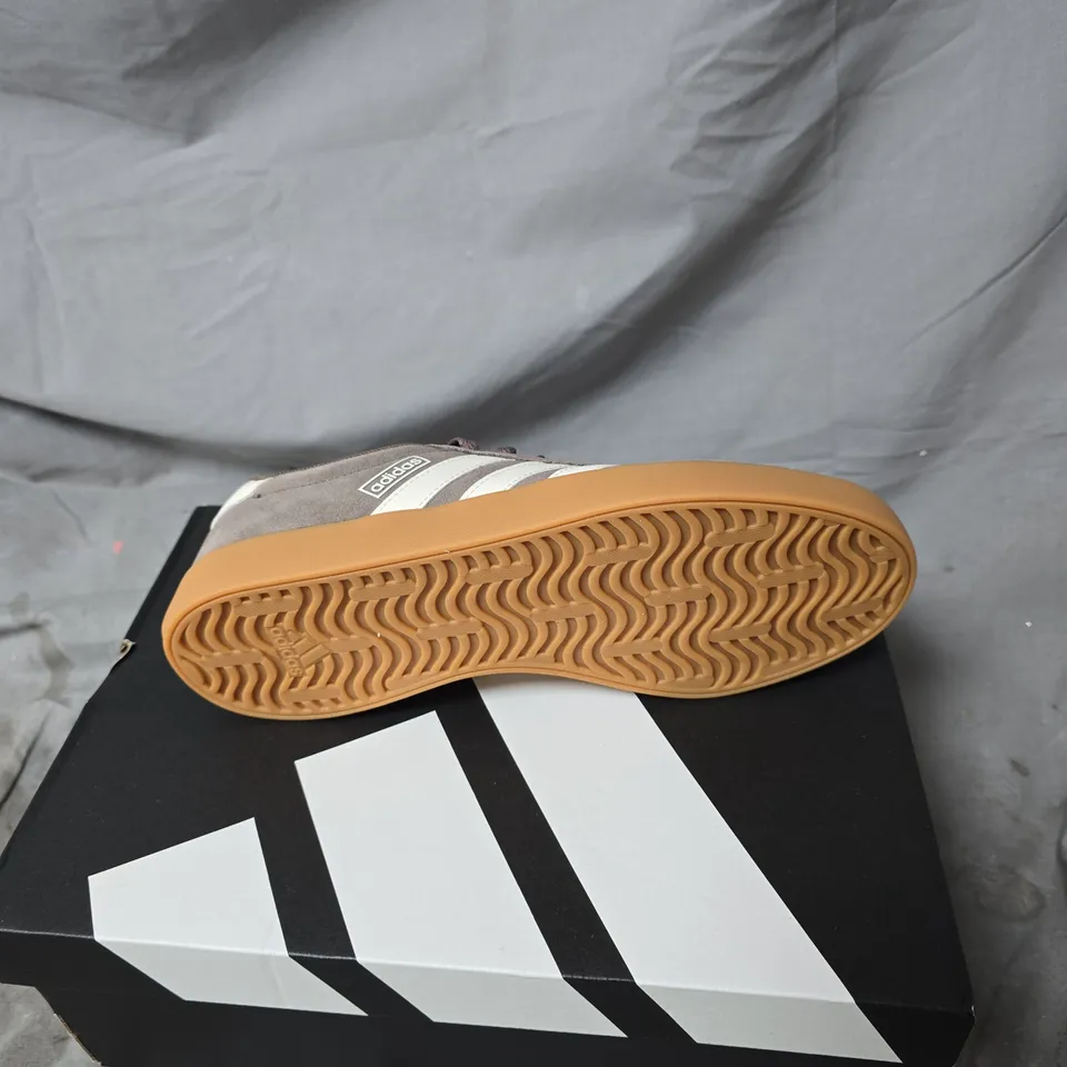 ADIDAS SUEDE TRAINERS – BROWN/TAUPE WITH WHITE STRIPES UK 6