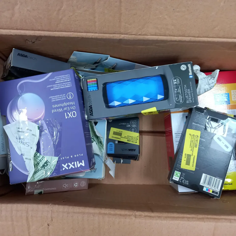 BOX OF APPROXIMATELY 15 ASSORTED ELECTRICALS TO INCLUDE ONE FOR ALL REMOTE, MIXX 0X1 HEADSET, FM ALARM CLOCK, ETC