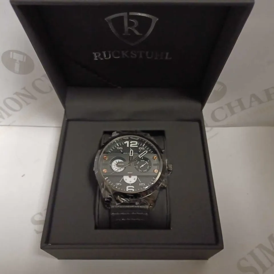 MEN’S RUCKSTUHL COCKPIT R150 WATCH – MULTI FUNCTION SUB DIALS – BLACK CASE – 3ATM WATER RESISTANT – GENUINE LEATHER STRAP