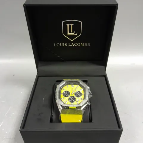 MENS LOUIS LACOMBE CHRONOGRAPH WATCH YELLOW DIAL & RUBBER STRAP