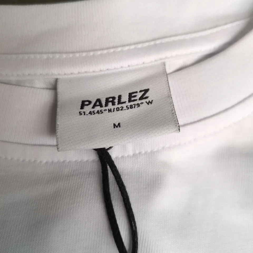 PARLEZ OVERSIZED WHITE ORGANIC COTTON T‑SHIRT – LOGO BOTTLE GRAPHIC, SIZE M