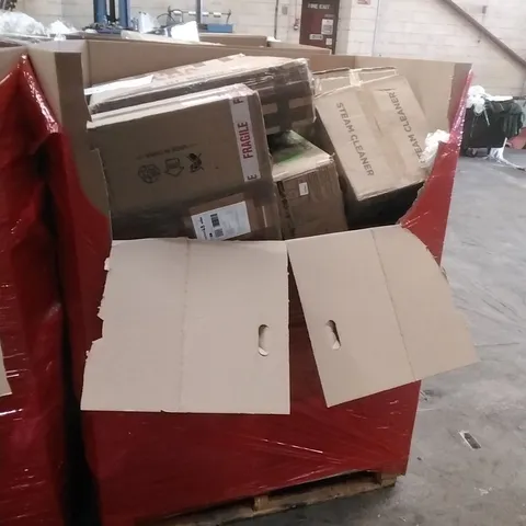 A PALLET CONTAINING ASSORTED HOUSEHOLD GOODS AND PRODUCTS TO INCLUDE; STEAM CLEANER, JET WASH, BOXED FURNITURE ETC