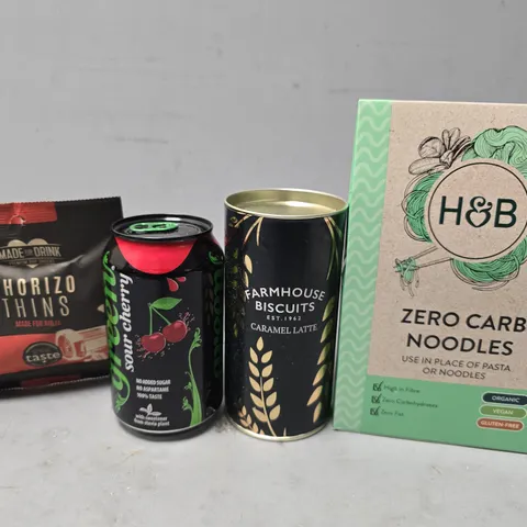 APPROXIMATELY 12 ASSORTED FOOD & DRINK ITEMS TO INCLUDE - H&B ZERO CARB NOODLES , CHORIZO THINS ETC