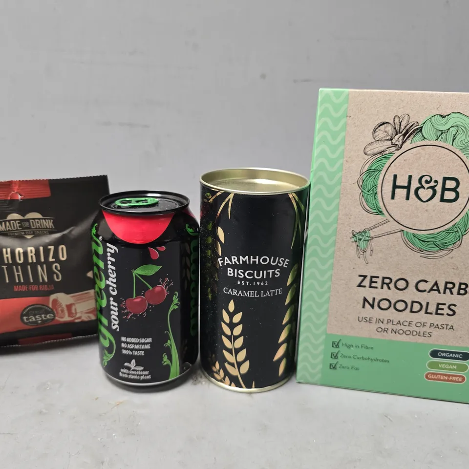 APPROXIMATELY 12 ASSORTED FOOD & DRINK ITEMS TO INCLUDE - H&B ZERO CARB NOODLES , CHORIZO THINS ETC