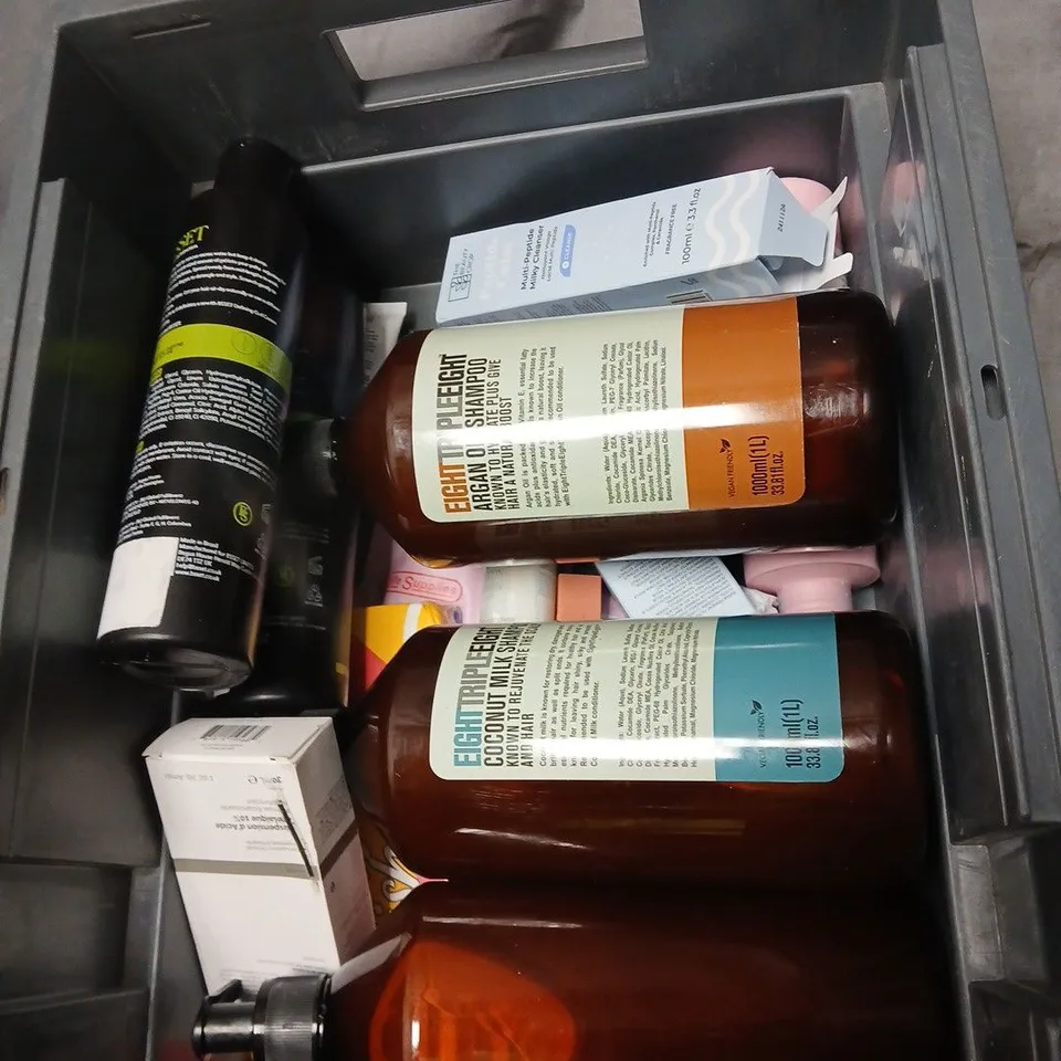 APPROXIMATELY 10 ITEMS INCLUDING EIGHT TRIPLE EIGHT COCONUT MILK CONDITIONER & SHAMPOO (1000ML EACH) – HEALTH & BEAUTY LOT AND SUCH BRANDS AS BSSET THE BEAUTY CROP AND NMB COSMETICS .