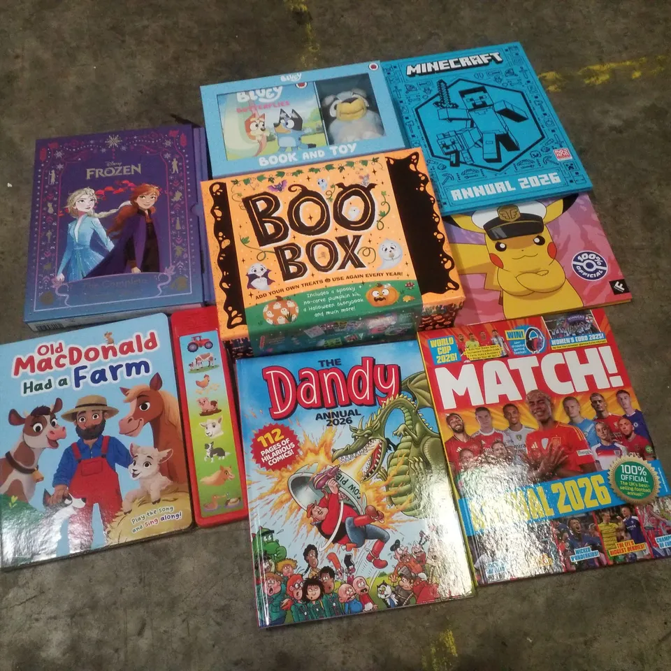PALLET CONTAINING ASSORTED CHILDRENS BOOKS & ACTIVITIES INCLUDING MINECRAFT ANNUAL 2026, POKEMON ANNUAL 2026, BOO BOX, MATCH! ANNUAL 2026 & FROZEN COMPLETE STORY BOOK