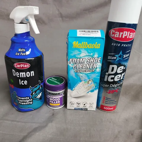APPROX 10 ASSORTED ITEMS TO INCLUDE – CARPLAN DEMON ICE SPRAY, DE-ICER 600ML, RONSEAL WOOD FILLER, FOAM SHOE CLEANER