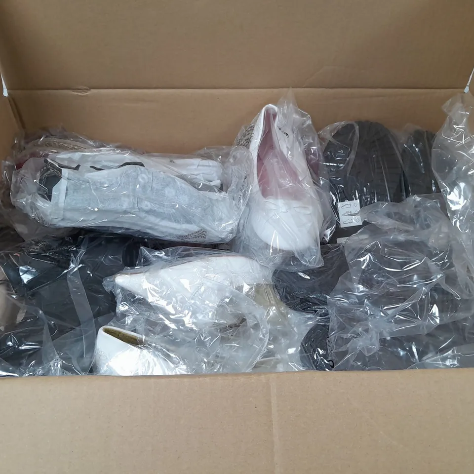 BOX OF APPROXIMATELY 10 ASSORTED WOMENS SHOES IN VARIOUS COLOURS, STYLES AND SIZES