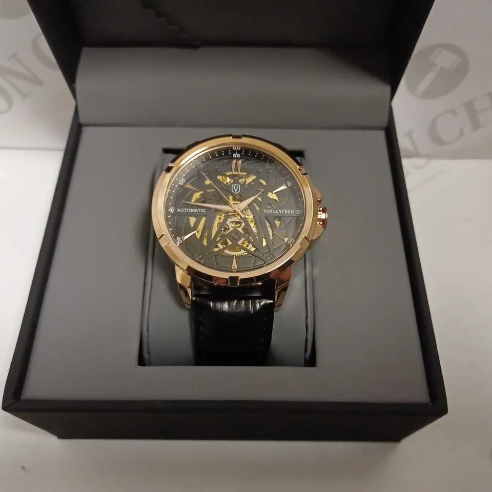 MENS VONLANTHEN AUTOMATIC SKELETON WATCH – V110 - GLASS EXHIBITION BACKCASE – BLACK LEATHER STRAP