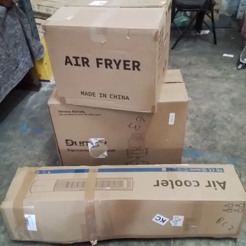 PALLET OF ASSORTED HOUSEHOLD ITEMS AND CONSUMER PRODUCTS TO INCLUDE; OFFICE CHAIR, AIR COOLERS, AIR FRYER, LED PARASOL ETC