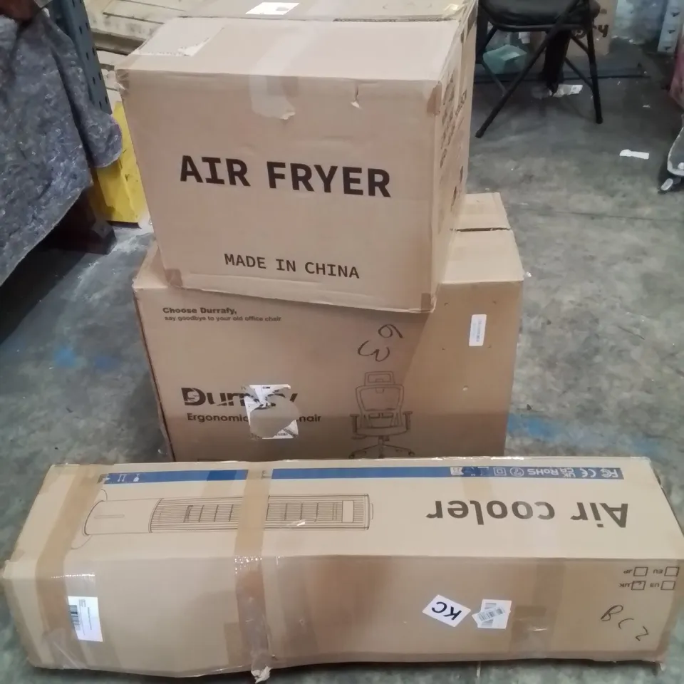 PALLET OF ASSORTED HOUSEHOLD ITEMS AND CONSUMER PRODUCTS TO INCLUDE; OFFICE CHAIR, AIR COOLERS, AIR FRYER, LED PARASOL ETC
