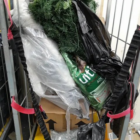 APPROXIMATELY 8 ASSORTED OVERSIZED HOUSEHOLD PRODUCTS TO INCLUDE CHRISTMAS TREE, ADULT CAT FOOD, WIGS ETC - COLLECTION ONLY