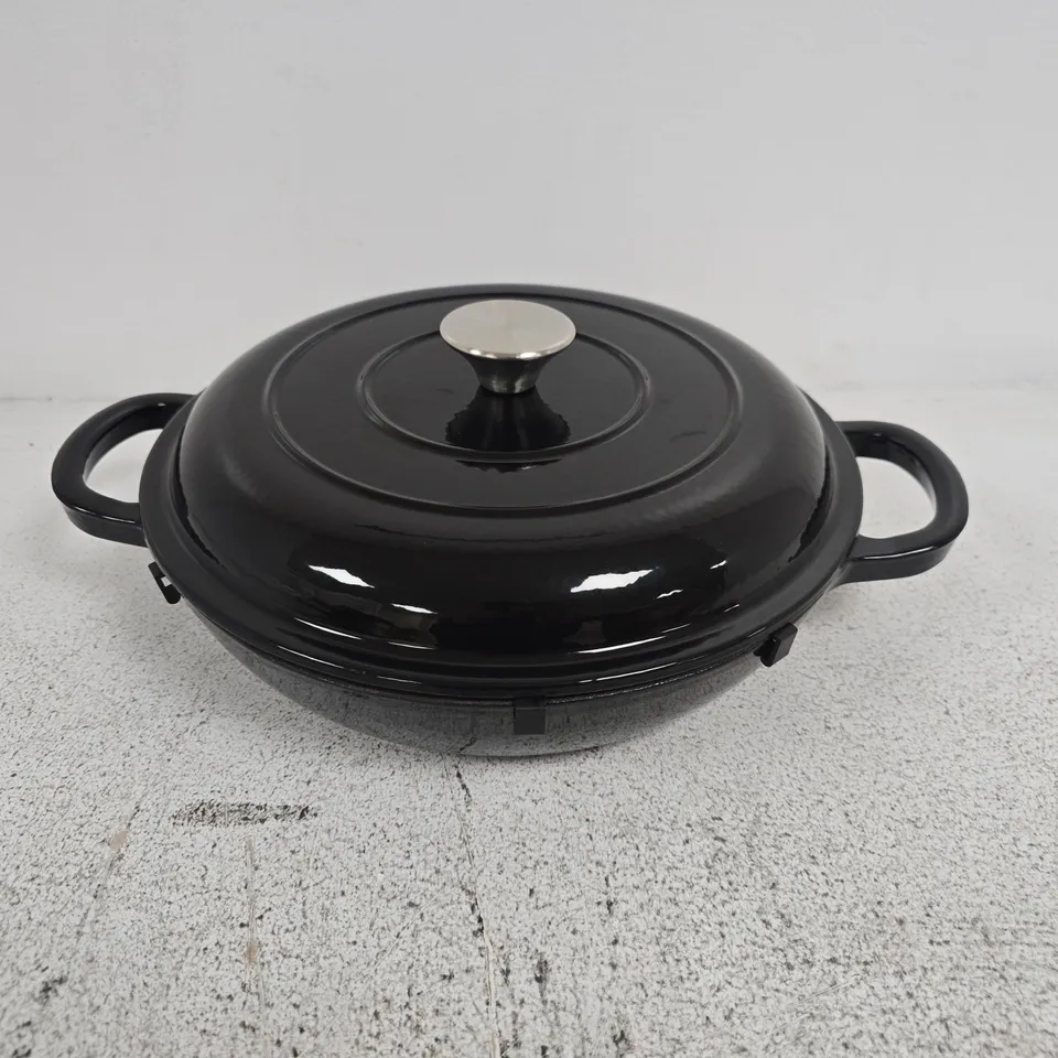 SUNNEX 28CM SHALLOW CAST IRON ROUND CASSEROLE IN BLACK - COLLECTION ONLY