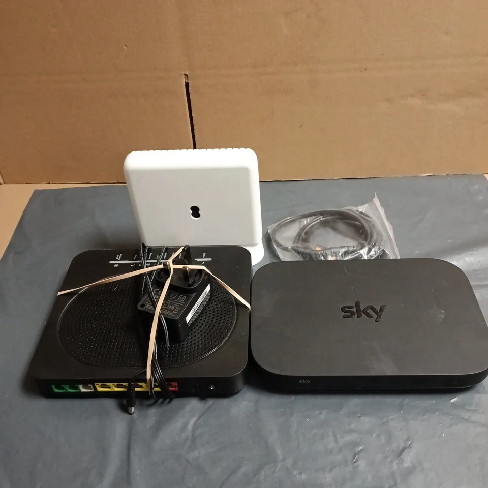 TOTE OF APPROXIMATELY 10 ASSORTED ITEMS TO INCLUDE SKY SET TOP BOX, ROUTER ETC