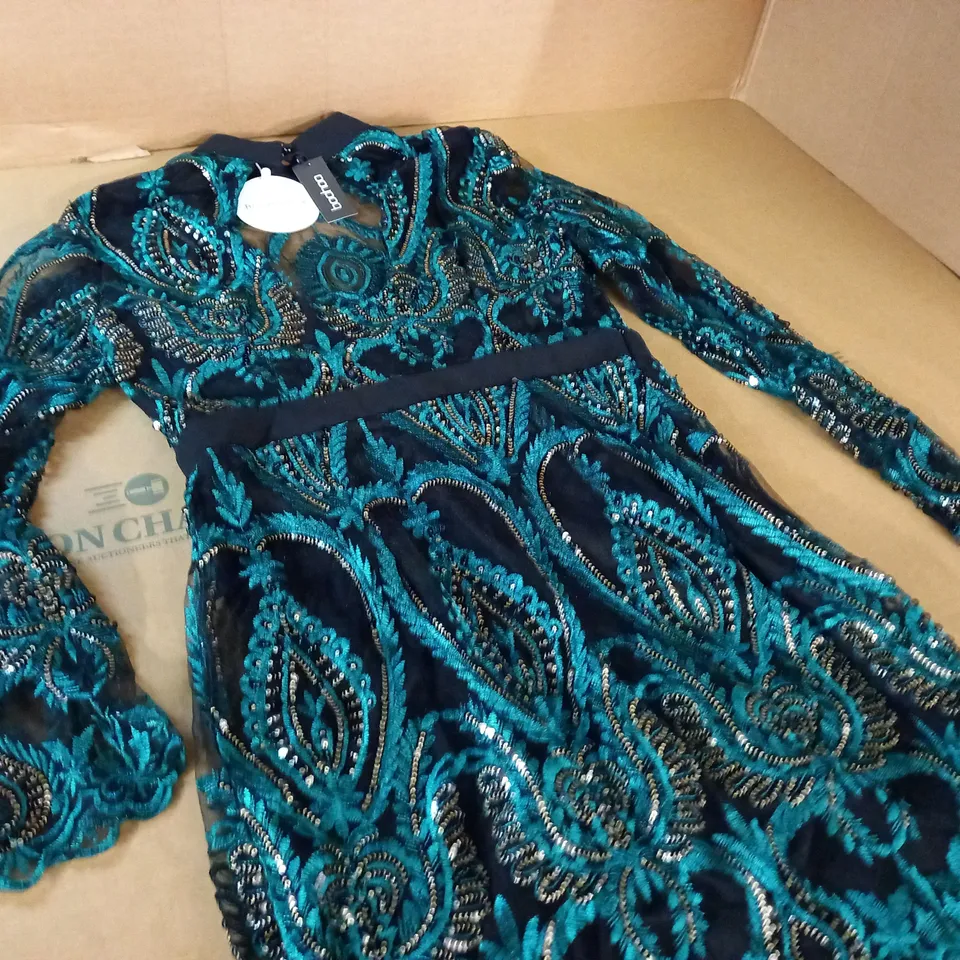 BOOHOO SEQUIN DAMASK CUPPED MINI DRESS IN GREEN - 14