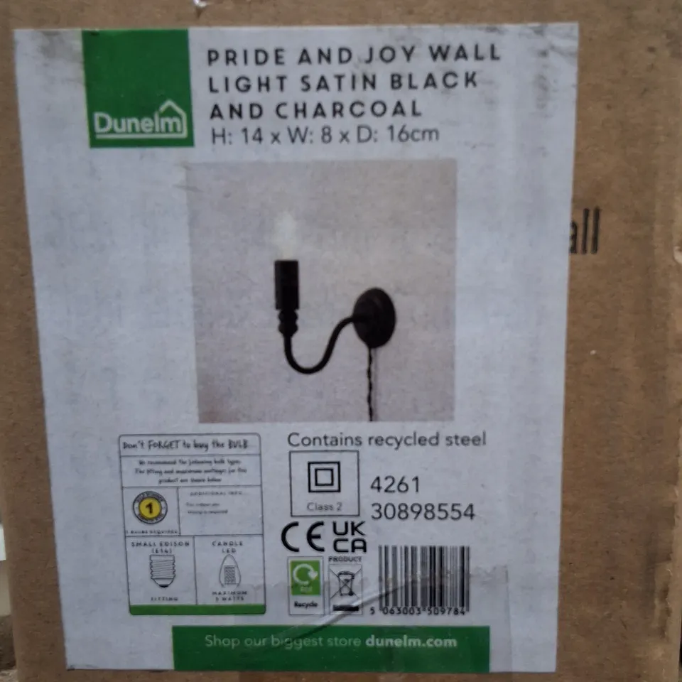 BOXED DUNELM PRIDE AND JOY WALL LIGHT – SATIN BLACK & CHARCOAL