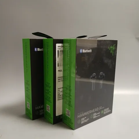 LOT OF 3 BOXED RAZER HAMMERHEAD WIRELESS HEADPHONES IN BLACK AND GREEN