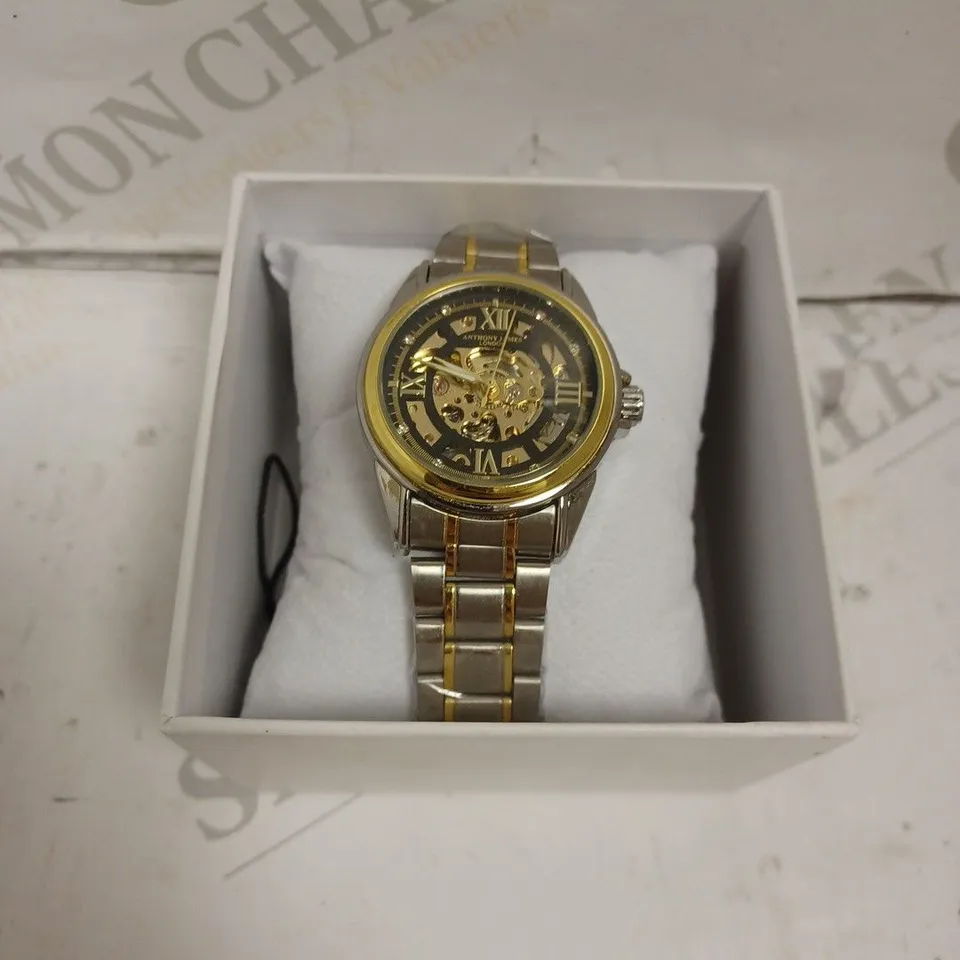 BOXED ANTHONY JAMES WATCH - TWO TONE STAINLESS STEEL - AUTOMATIC - SKELETON FACE - WATER RESISTANT. 