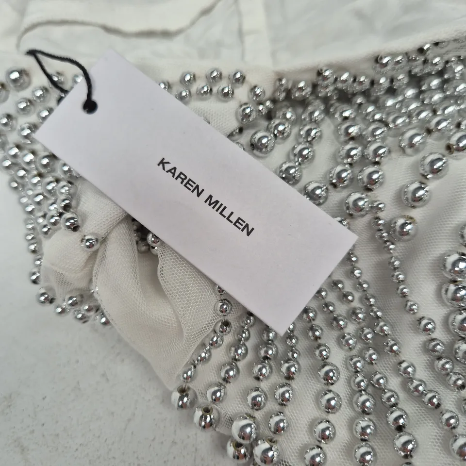 KAREN MILLEN EMBELLISHED GEO HALTER WOVEN JUMPSUIT – IVORY, UK 12