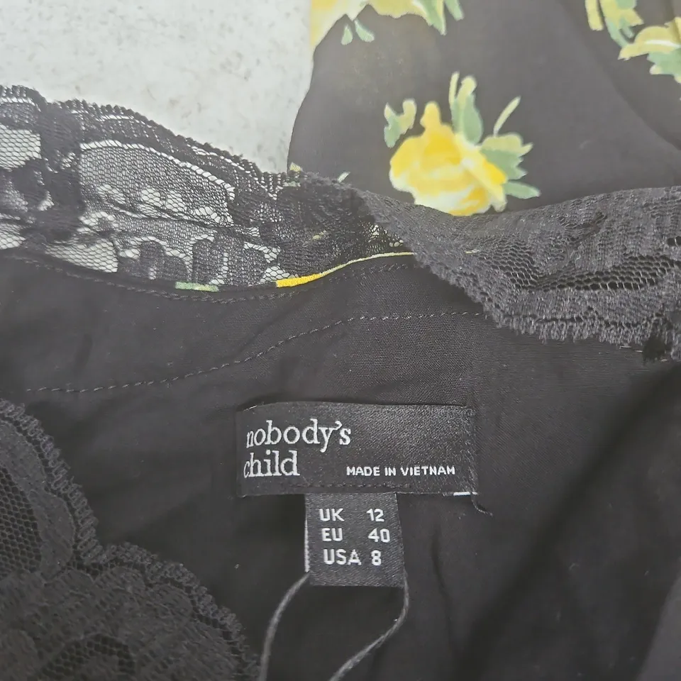 NOBODY'S CHILD MORGAN MIDAXI DRESS – BLACK WITH YELLOW FLORAL PRINT, UK 12 (EU 40, USA 8) – MADE IN VIETNAM