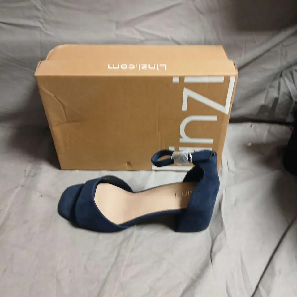 LINZI BLUE SUEDE ANKLE-STRAP BLOCK-HEEL SANDALS- SIZE UK 5
