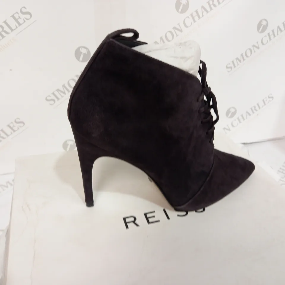 BOXED REISS SUEDE CHOCOLATE BOOT HEELS - SIZE 5