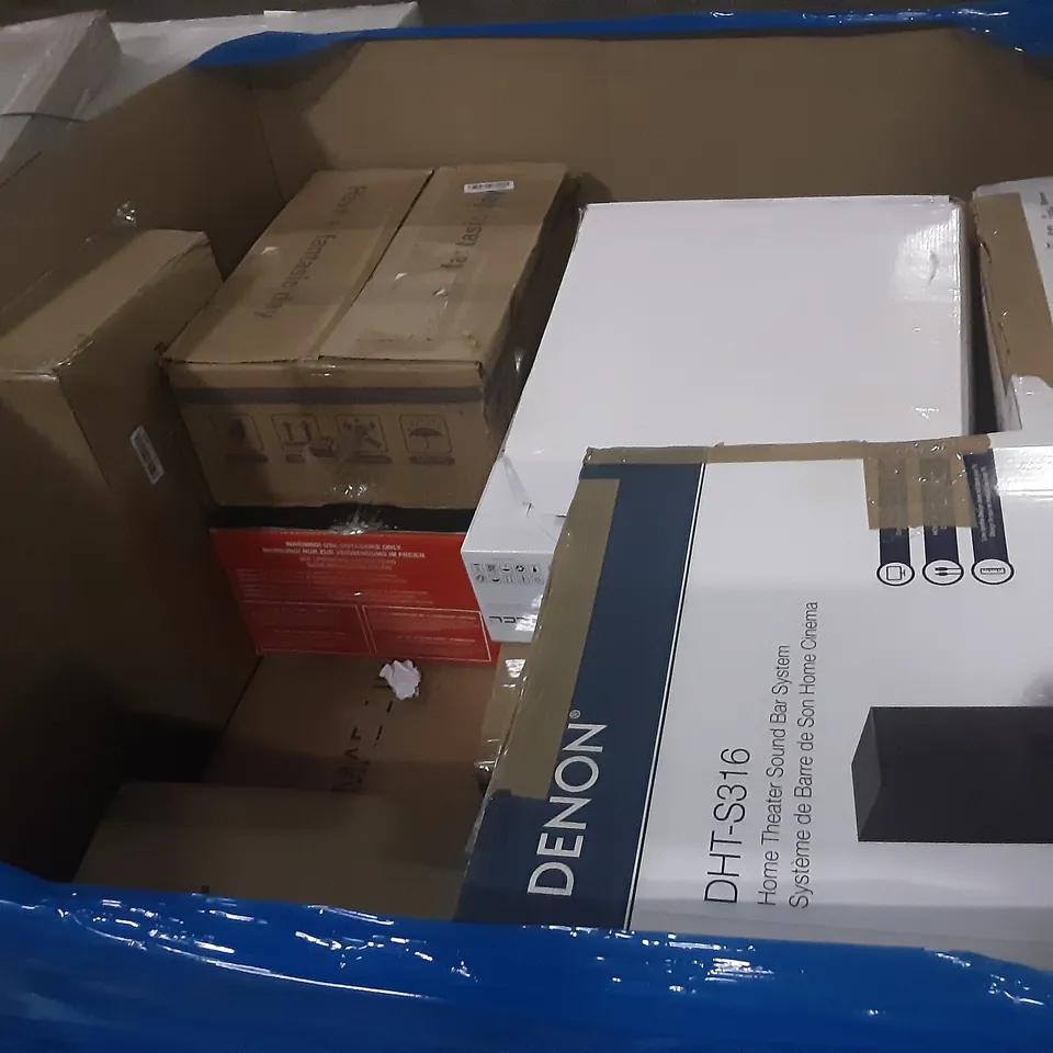 PALLET OF ASSORTED PRODUCTS INCLUDING AURORA, ZAMPA, DENON HOME THEATER SOUND BAR SYSTEM, LCL TONER CARTRIDGE, PERLEGEAR FULL MOTION TV WALL MOUNT, ATIKKLE  