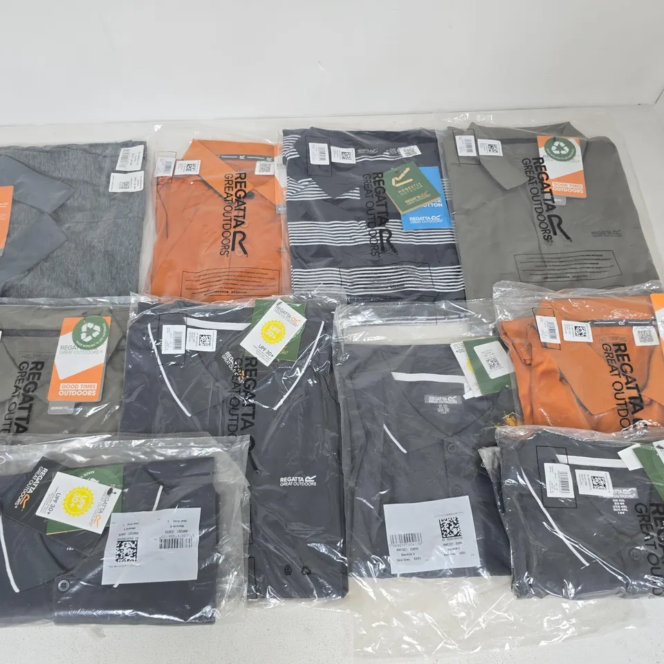 LOT OF 10 ASSORTED BRAND NEW REGATTA POLO T-SHIRTS IN VARIOUS STYLES, COLOURS AND SIZES