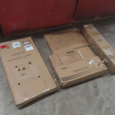 PALLET CONTAINING ASSORTED ITEMS TO INCLUDE: TELESCOPIC LADDER, PRO SCOOTER, ARTIFICIAL CHRISTMAS TREE, VACUUM STAND, MULTIFUNCTIONAL LAPTOP DESK ECT