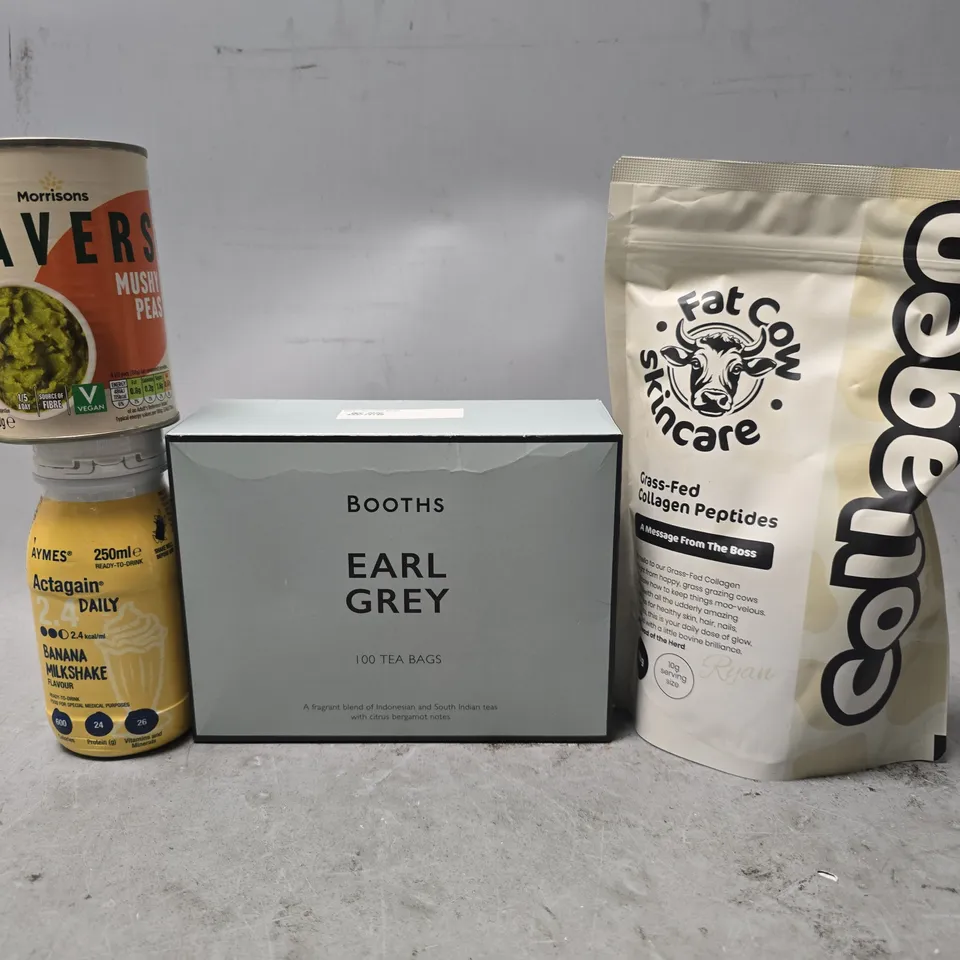 APPROXIMATELY 8 ASSORTED FOOD & DRINK ITEMS TO INCLUDE - BOOTHS EARL GREY TEA , MUSHY PEAS , BANANA MILKSHAKE ETC