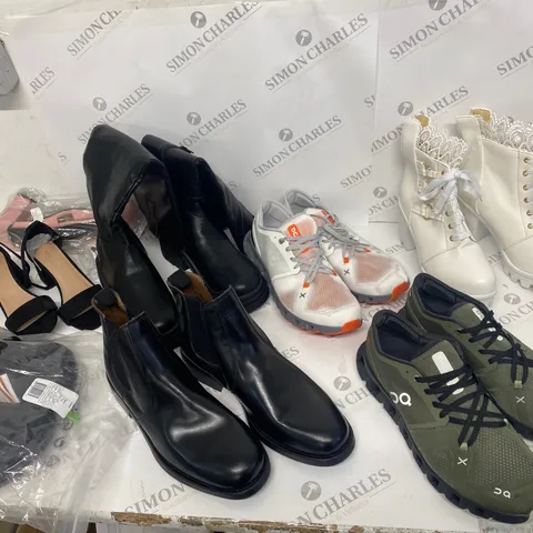 BOX OF 15 ASSORTED FOOTWEAR ITEMS TO INCLUDE: NEW LOOK, DQ TRAINERS, CROCS, BLACK BOOTS, SLIPPERS ETC