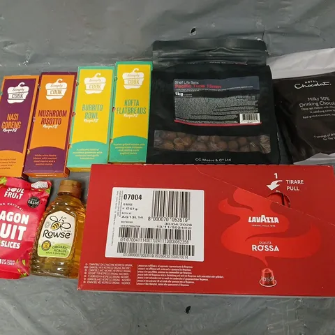 APPROXIMATELY 8 ASSORTED FOOD & DRINK ITEMS TO INCLUDE - ROWSE HONEY, PACIFIC TUNA BALLS, AND LAVAZZA ROSSA ETC. 