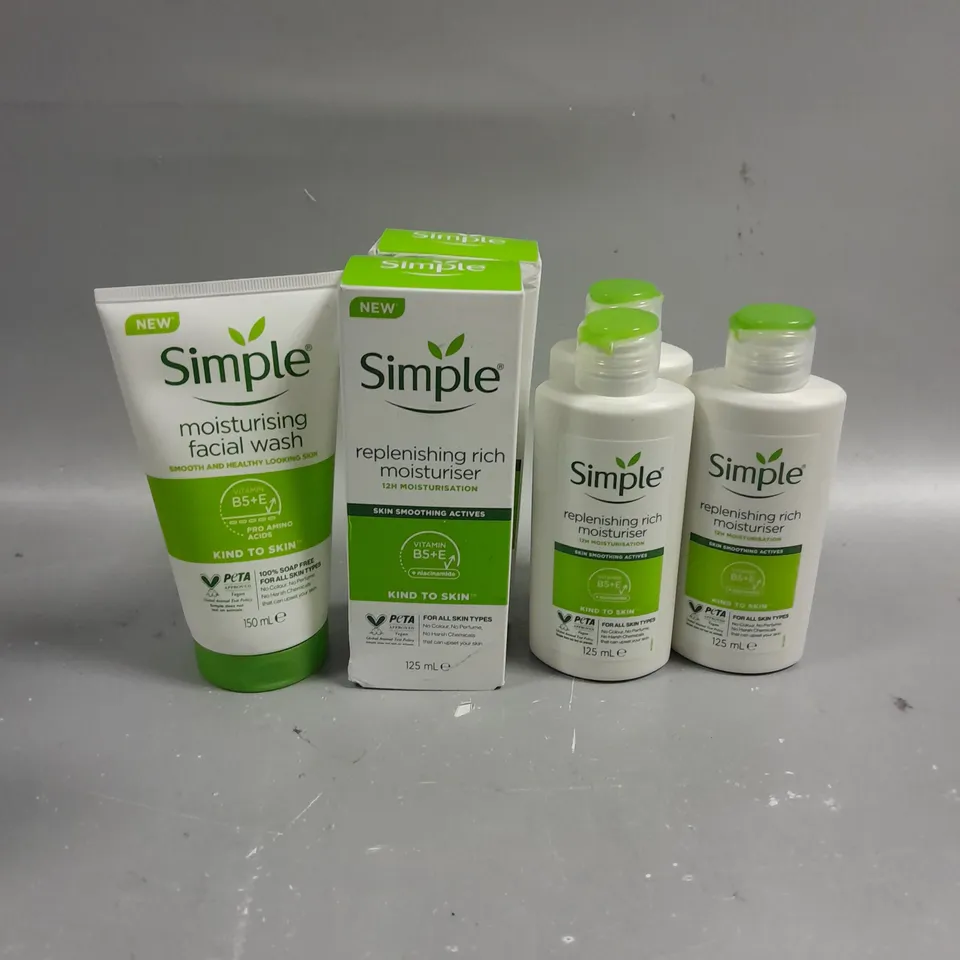 LOT OF APPROX 5 ASSORTED HEALTH AND BEAUTY PRODUCTS TO INCLUDE SIMPLE MOISTURISING FACIAL WASH (150ML) AND SIMPLE REPLENISHING RICH MOISTERISER (125ML)