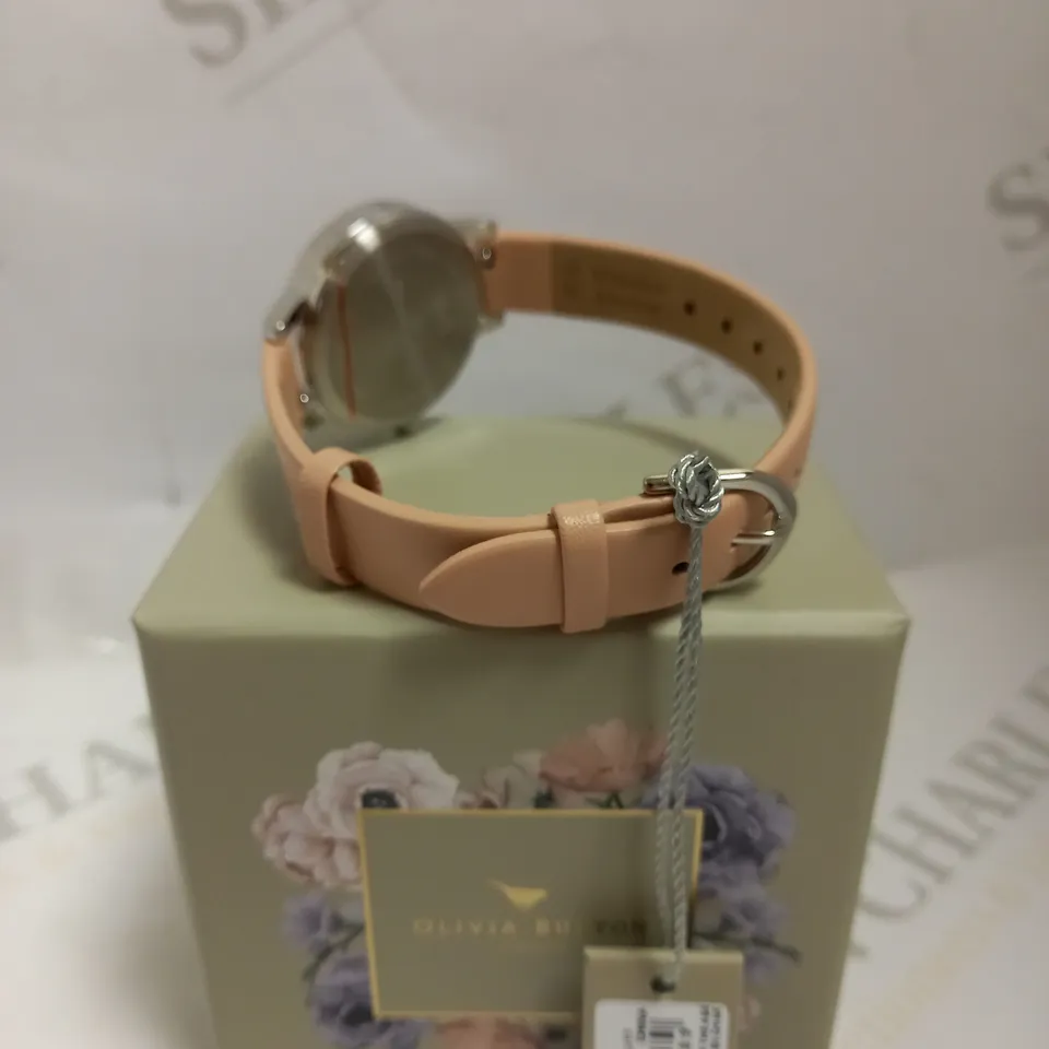 OLIVIA BURTON GARDEN FLORAL PEACH LEATHER STRAPPED LADIES WATCH 