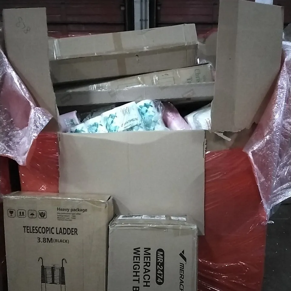 PALLET OF HOUSEHOLD ITEMS TO INCLUDE 8OZ RIPPLE CUPS,STEAM CLEANER, TELESCOPIC LADDER, WEIGHT BENCH AND OTHER ASSORTED ITEMS...