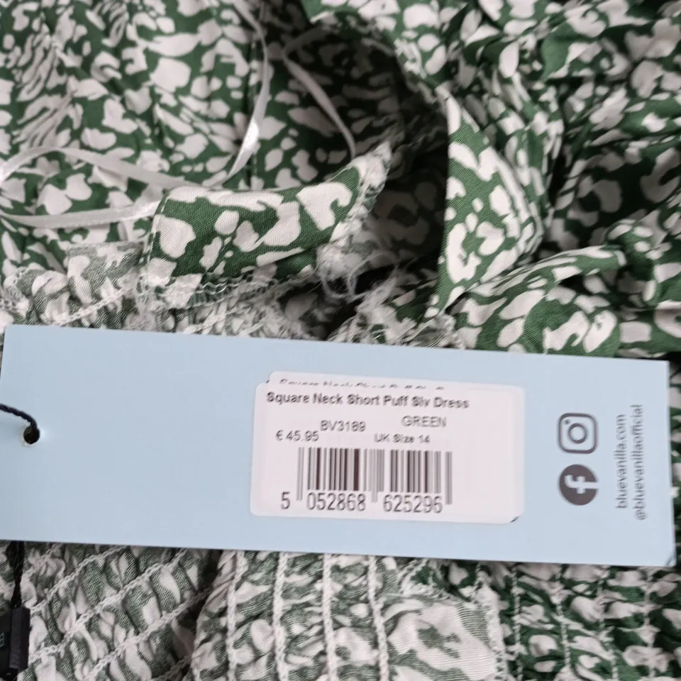BLUE VANILLA SQUARE NECK SHORT PUFF SLEEVE DRESS – GREEN FLORAL, UK 12/L (EU 42/L, US 10/M)