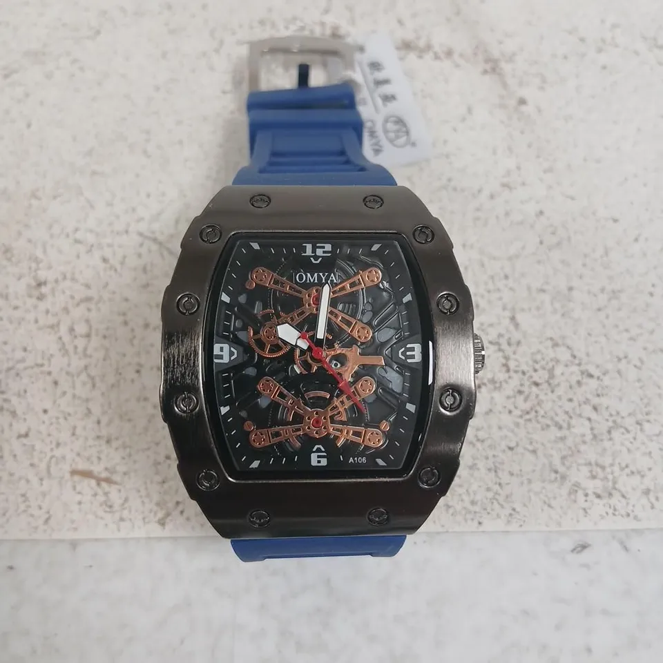OMYA SKELETON DIAL WRISTWATCH WITH BLUE SILICONE STRAP