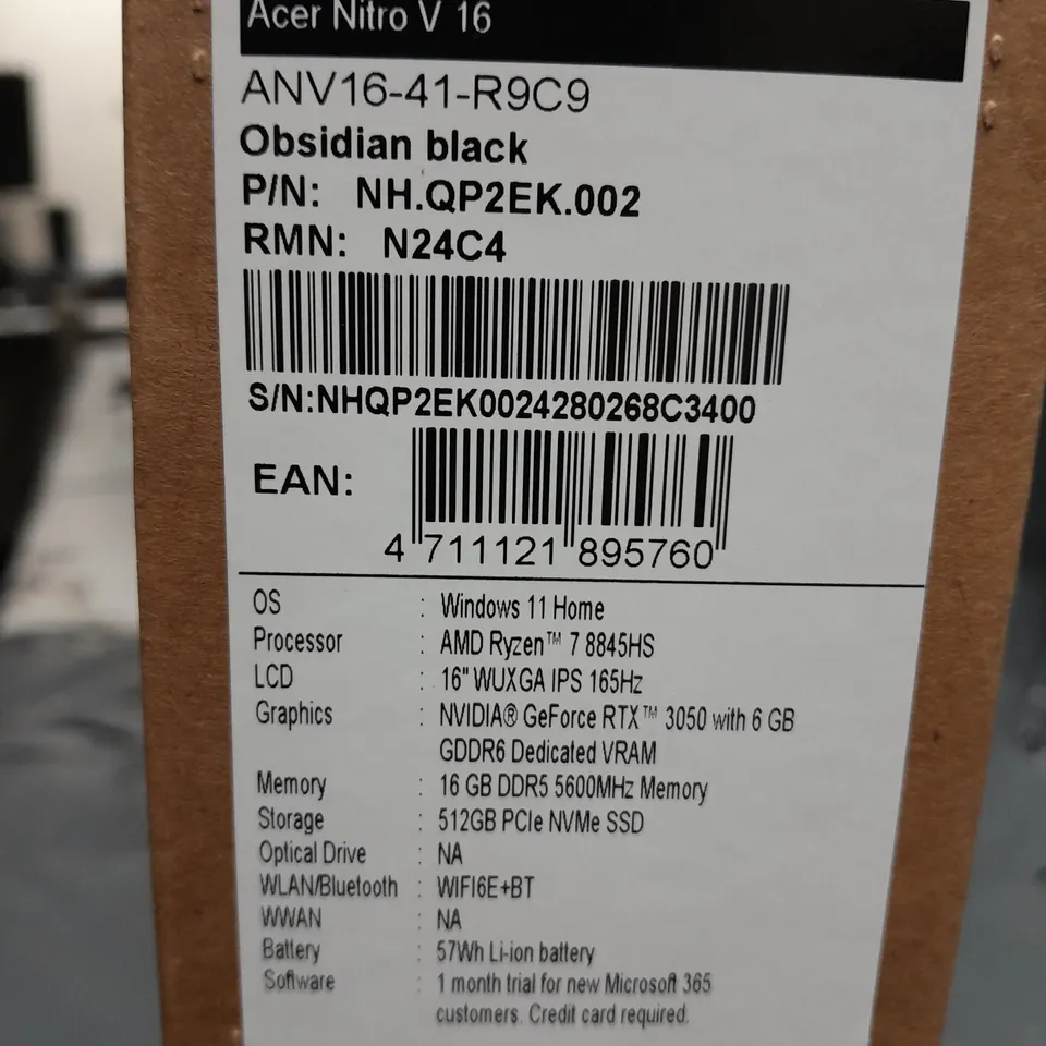 BOXED ACER NITRO V 16 RYZEN 7 8845 GEFORCE RTX 3050 16GB DDR5 IN OBSIDIAN BLACK - ANV16-41-R9C9