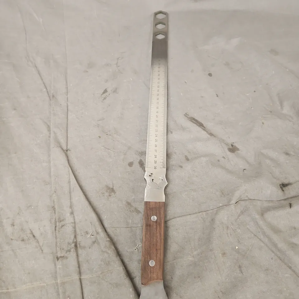 Metal ruler with wooden handle and integrated open-ended wrench end – 30 cm scale