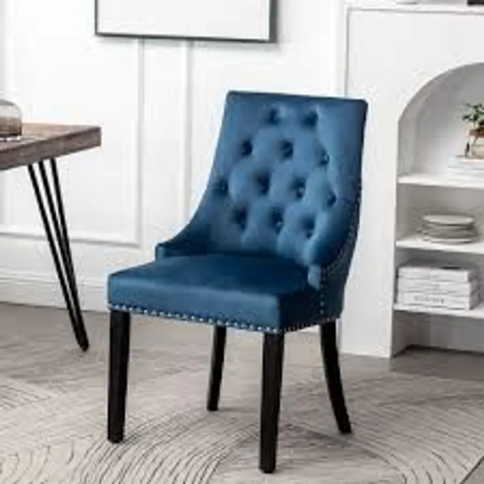 BOXED REGENT BLUE VELVET BUTTON BACK DINING CHAIR (OAK LEG)