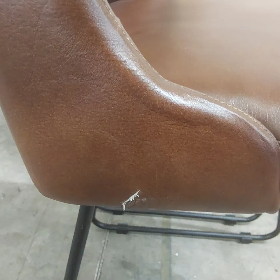 PAIR OF GENUINE LEATHER BUTTON-TUFTED SEAT | BLACK METAL BASE WITH FOOTREST | 66CM KITCHEN COUNTER HEIGHT BAR CHAIRS