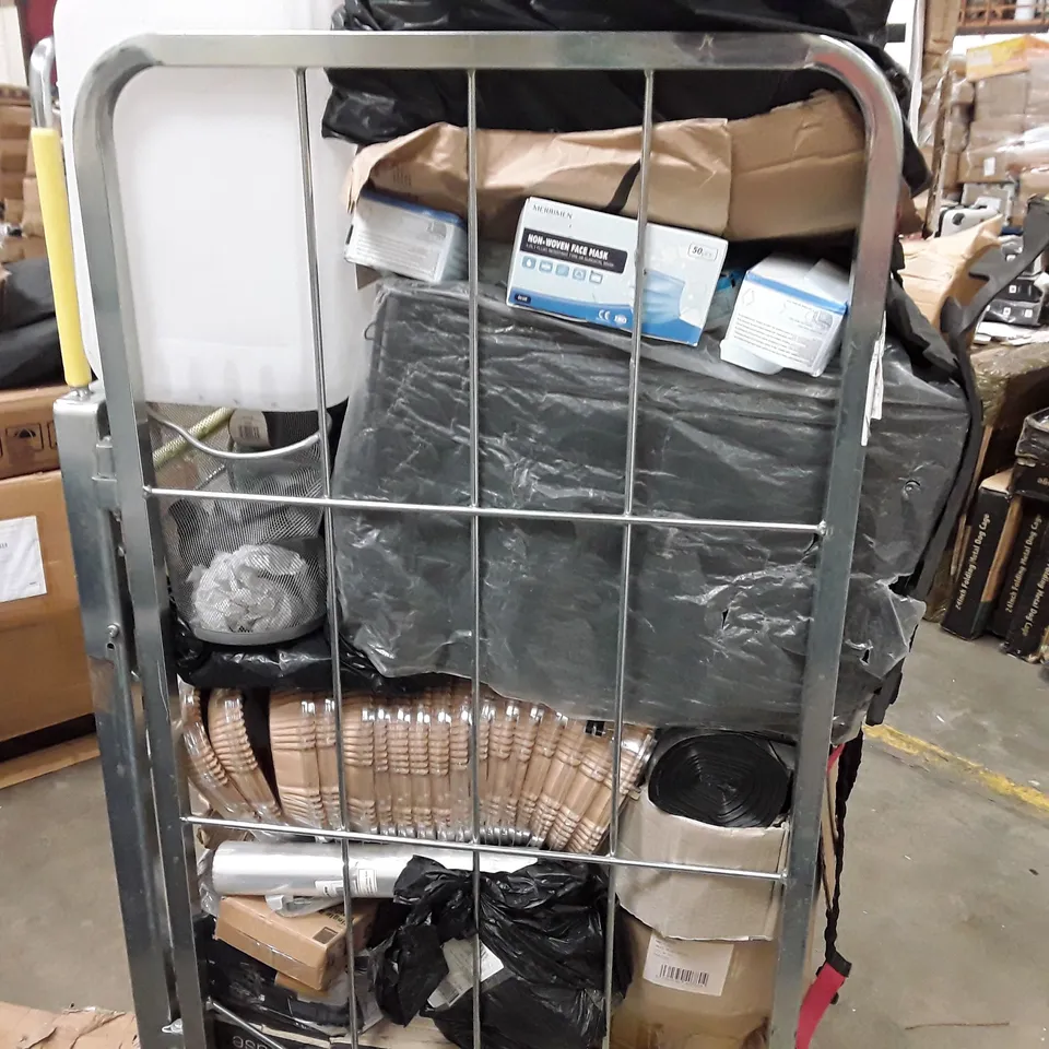 CAGE TO CONTAIN AN ASSORTMENT OF HOUSEHOLD ITEMS TO INCLUDE MAGNETIC WHITEBOARD PLANNER, TRASH CANS AND PARASOL BASES